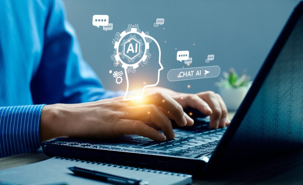 Hand tippt auf Laptop-Tastatur, KI-Illustration im Hintergrund